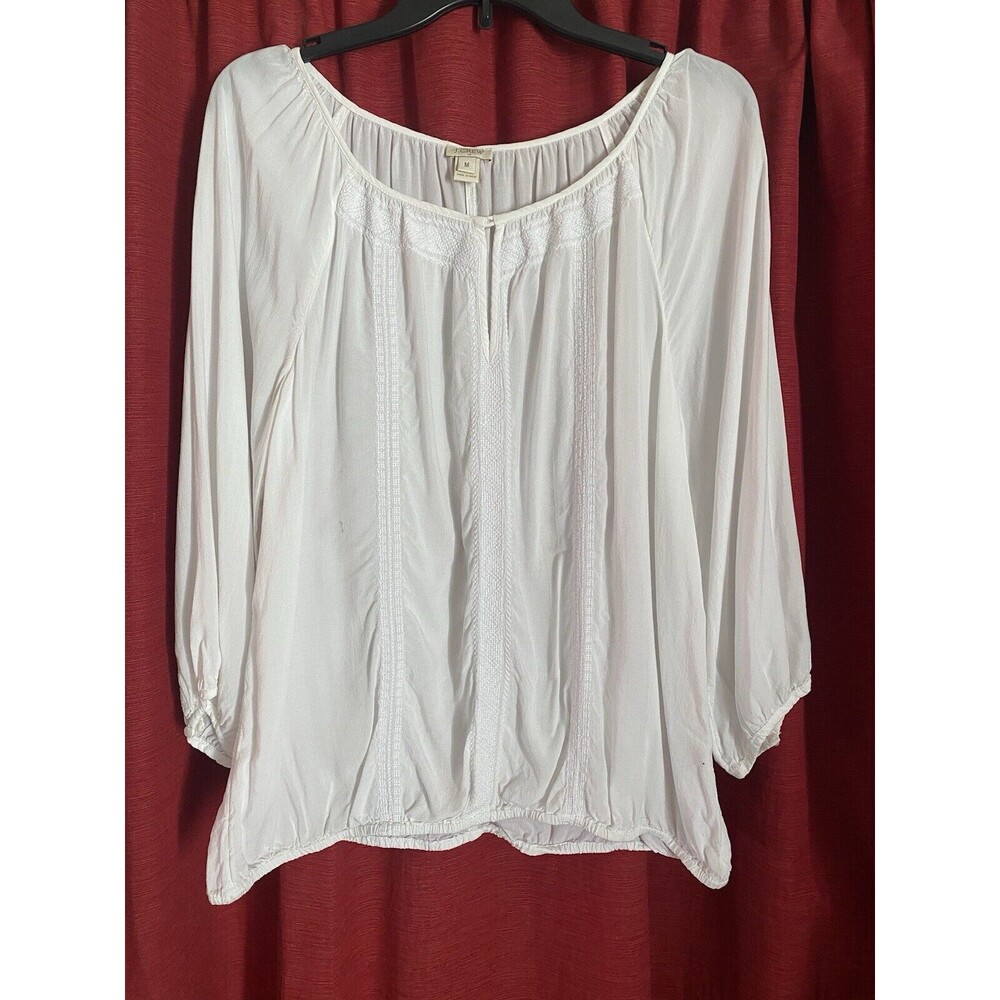 J Crew Top Sz- M White Gauzy Embroidered Front gypsy hippie bohemian crew neck
